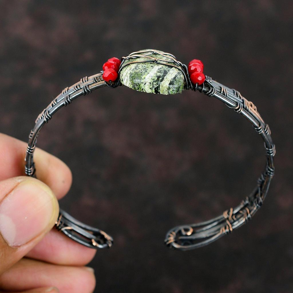 Green Swiss Opal Cuff Bracelet Red Coral Beads Cuff Copper Wire Wrapped Stone Jewelry Adjustable Cuff Handmade Bangle Wire Wrapped Bracelet