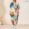 Women Plus Size Printed Nurse Scrub Set V Neck Long Sleeve Pocket Top And Long Pants