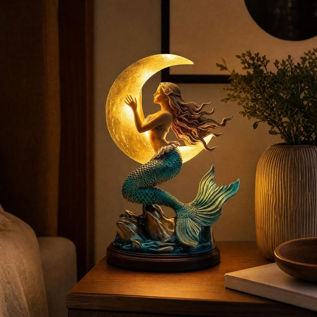 Moon Night Light Resin Figurine, Statue for Desk Tabletop Decor, Birthday Gift for Women and Girls