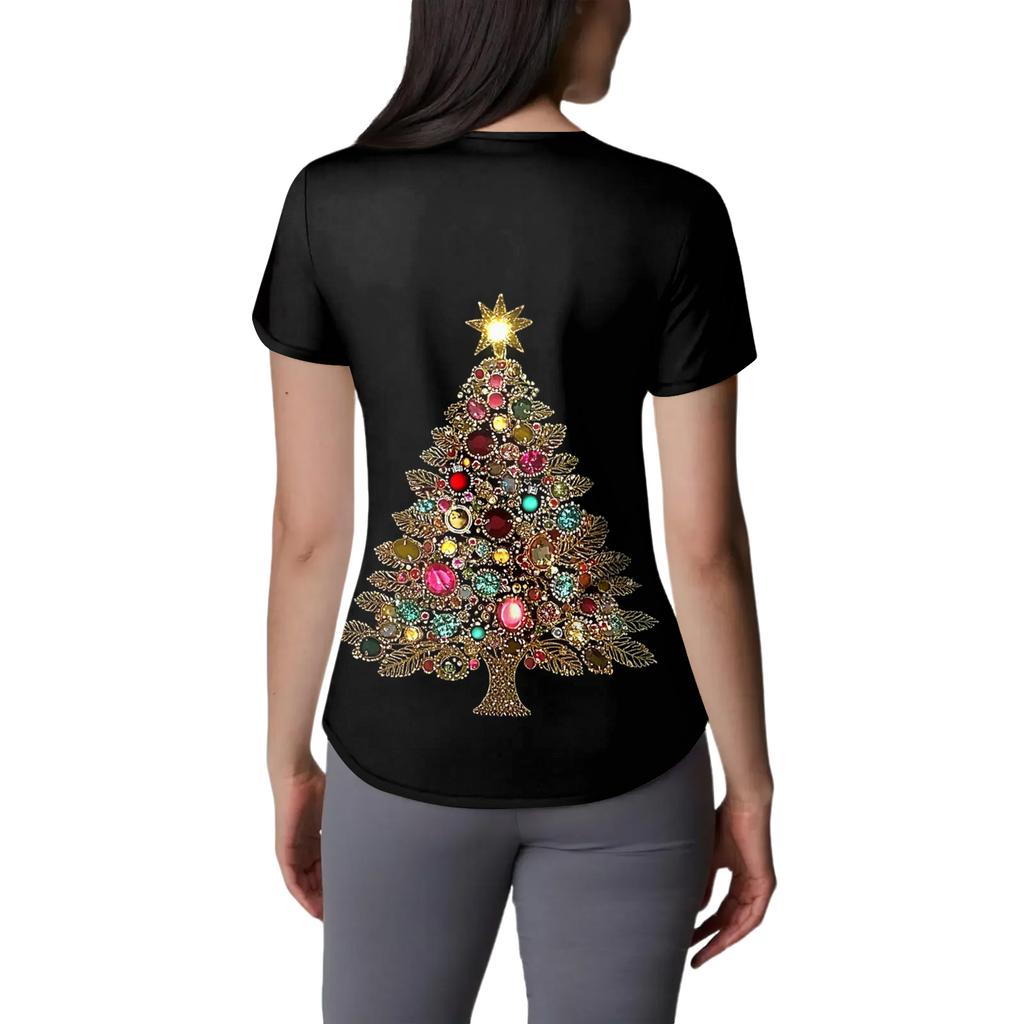 Women's V-neck Christmas Print Short-sleeved Pocket Side Slit Uniform Top