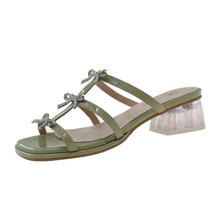 

Soft leather version~ French bow-tied open-toed sandals for women s summer new beautiful outer wear crystal thick heel cool slippers 40
