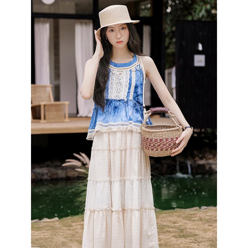 

Летний стиль кружевная вставка маленький топ на бретелях женский + юбка комплект из двух предметов L