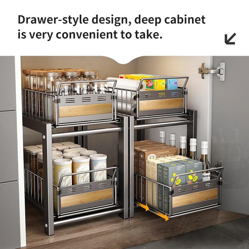 Kitchen Pull-out Basket Shelf Double Layer Spice Snack Bottle Can Cabinet Multi-level Shelf Under-sink Cabinet Layered Drawer