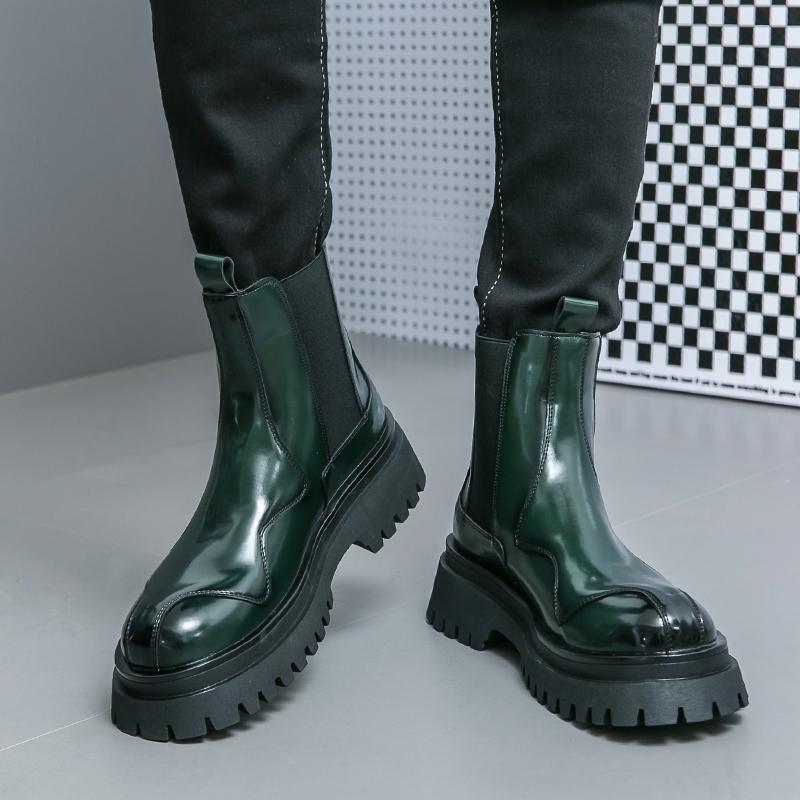 Men’s Chelsea Thick Sole Platform Punk Green Leather Boots Elevator Street Style Big Head Motorcycle Boots High Boots Plus Size