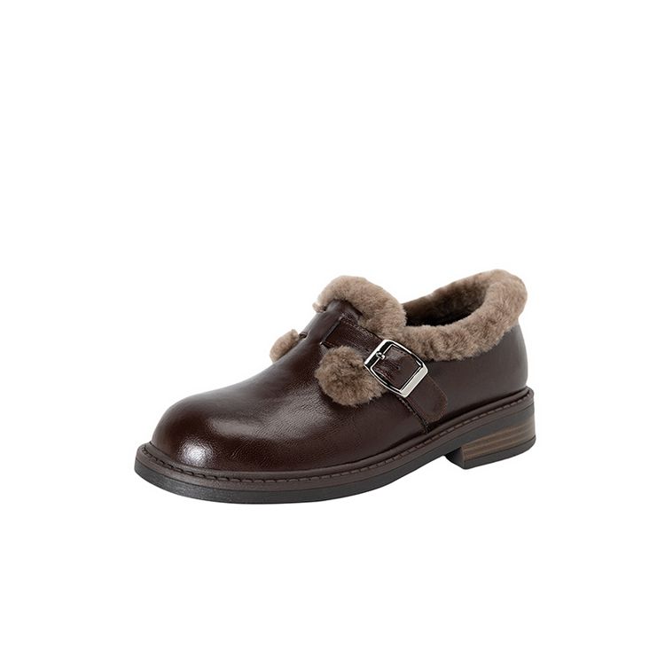 

Мода НОВЫЕ Зимние Женские Лоферы Круглый Носок Массивный Каблук Обувь Натуральная Кожа Обувь для Женщин Пряжка Ремень Обувь на Платформе Шерстяные Женские Туфли 40 коричневый