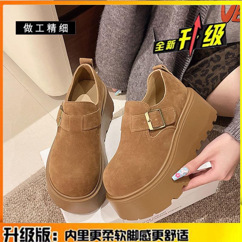 Leather muffin shoes heightened retro women's spring new one-pedal small single shoes