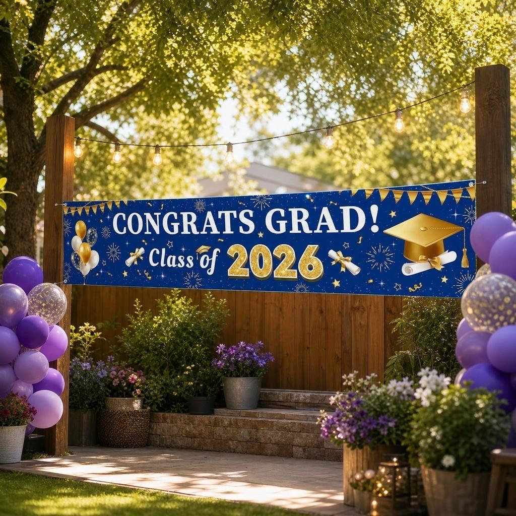 Graduation Banner Outdoor Yard Decoration Congrats Class of 2026 Banner Fabric Hanging Background 200x45cm Graduation Party Supplies