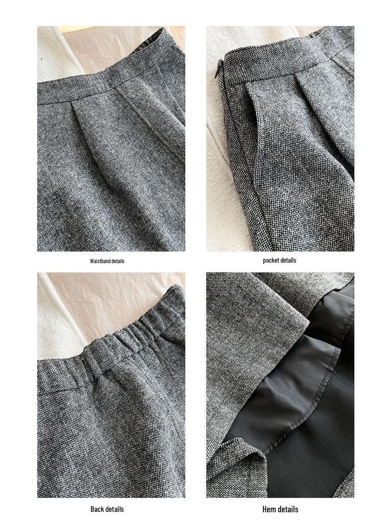 Lu Xi Women's Korean Semi-Elastic Wool A-Line High-Waisted Umbrella Skirt - Autumn/Winter Bud Shape