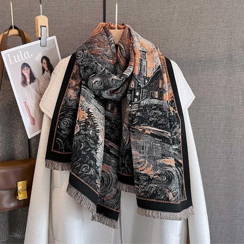 New imitation cashmere personalized oil painting style age-reducing printed scarf autumn and winter fashionable warm scarf shawl