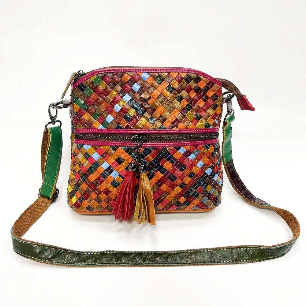 Wind Women'S Bag Color Matching Hand-Woven Cowhide Shoulder Messenger Bag Women'S Bag Genuine Leather