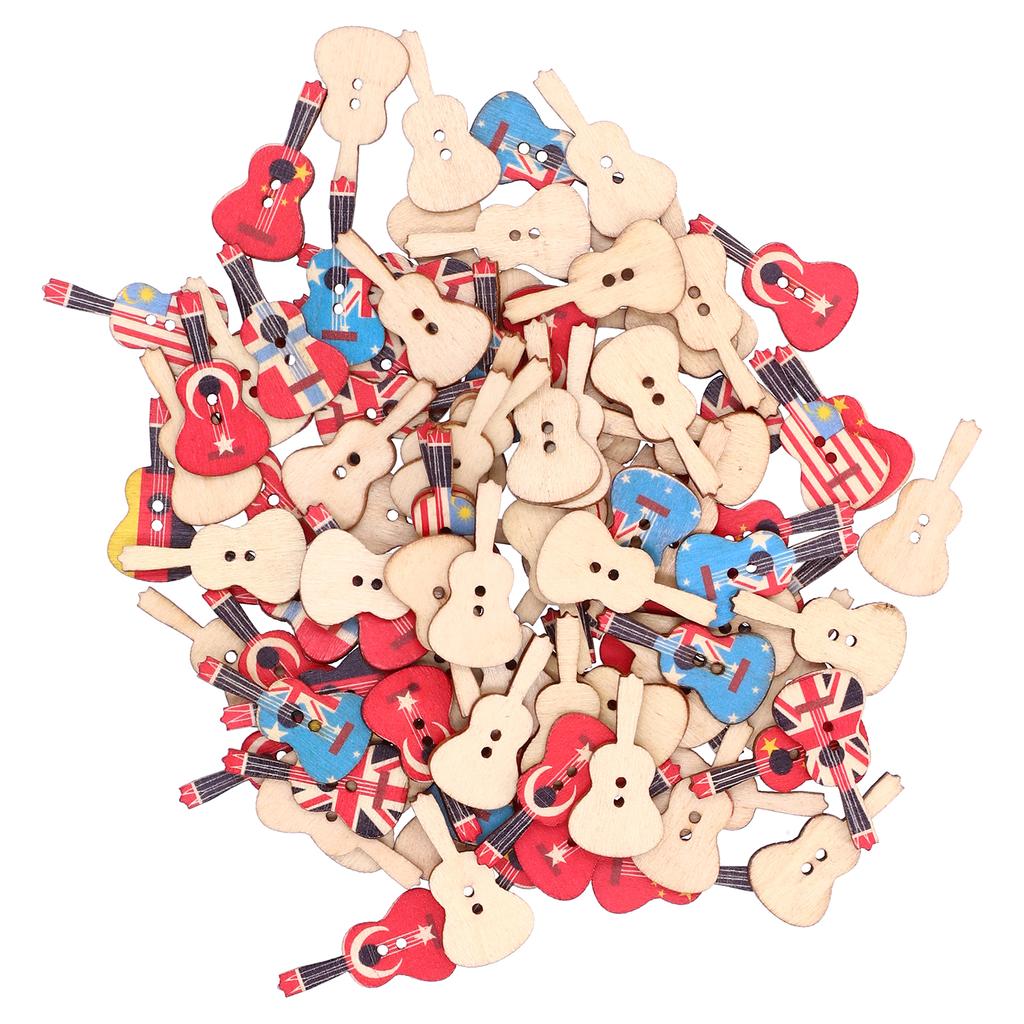 100Pcs Assorted Wood Buttons Vintage GuitarShape Sewing Button Clothing Supplies