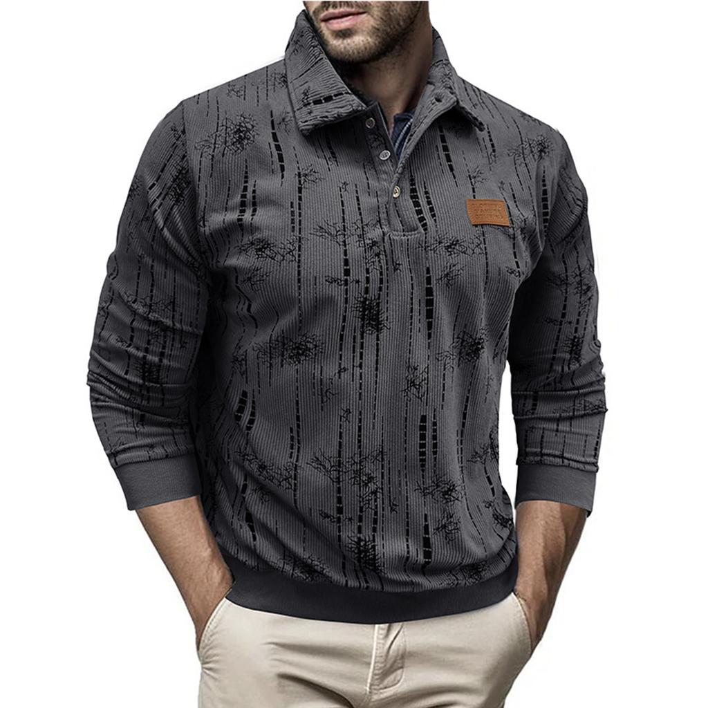 Men's Casual Loose Floral Top Lapel Button Long Sleeve Sweatshirt