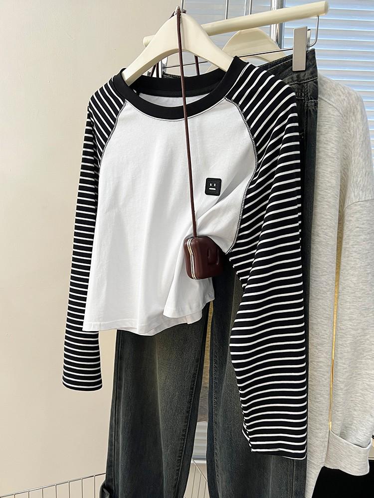 

Женская футболка в стиле ретро с полосками реглан и длинным рукавом - Весенний базовый слой, свободный топ M