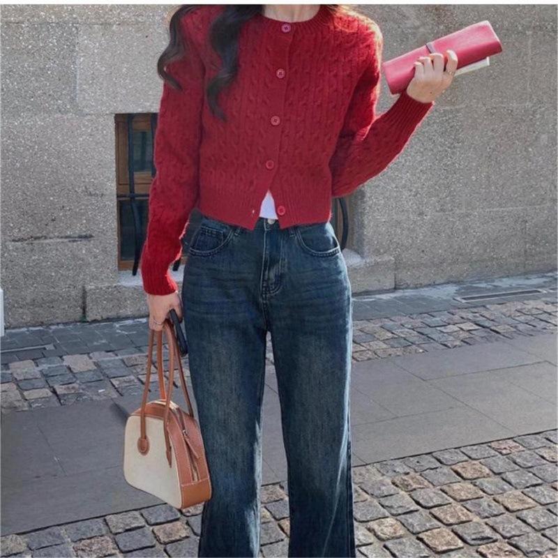 Twist Кардиган Свитер Куртка Женская Длинные рукава Чувство Стиль Колледж Верхняя Одежда Мелкий Трикотажный Свитер Женский Короткий Параграф Топы Повседневный Модный one size красный