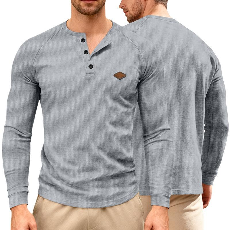 Men's American Casual Waffle Knit Henley T Shirt, Long Sleeve Raglan Button Quick Dry Thin Top for Spring Autumn