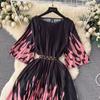 Summer Beach Leopard Print Miyake Oversized Dress Women Clothing Flare Sleeve Belt Big Swing Pleated Loose Long Robe