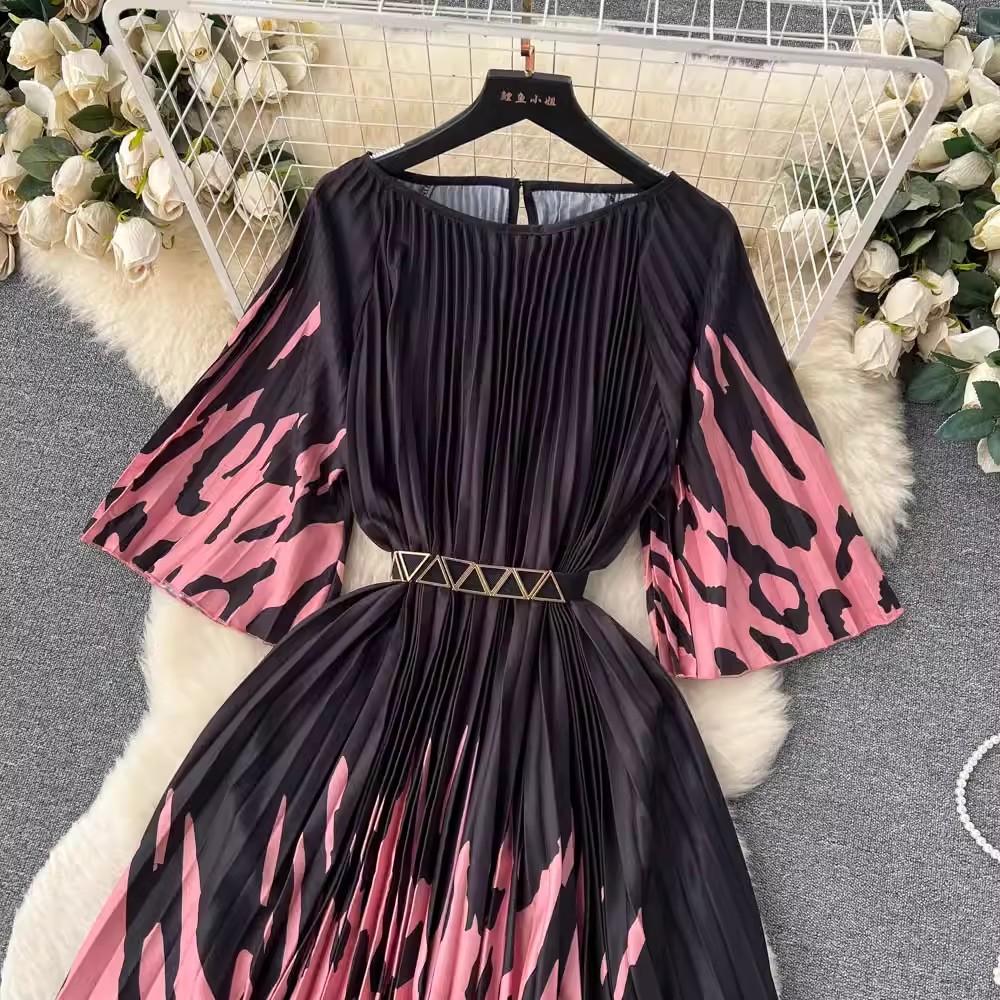 Summer Beach Leopard Print Miyake Oversized Dress Women Clothing Flare Sleeve Belt Big Swing Pleated Loose Long Robe