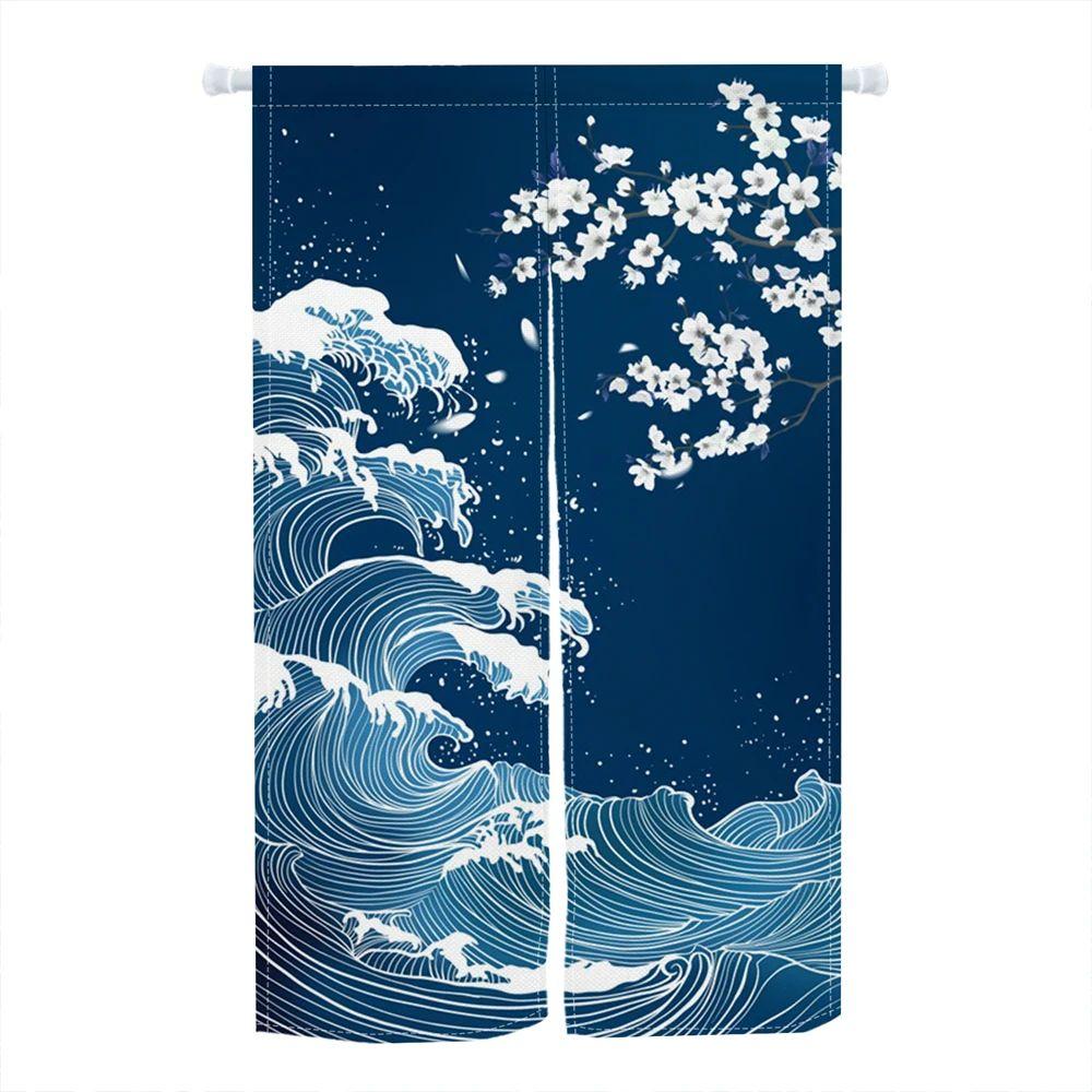 VIKAMA Japanese-Style Door Curtain Japanese Wave and Cherry Blossom Pattern Home Decor Suitable for Kitchens and Entryways
