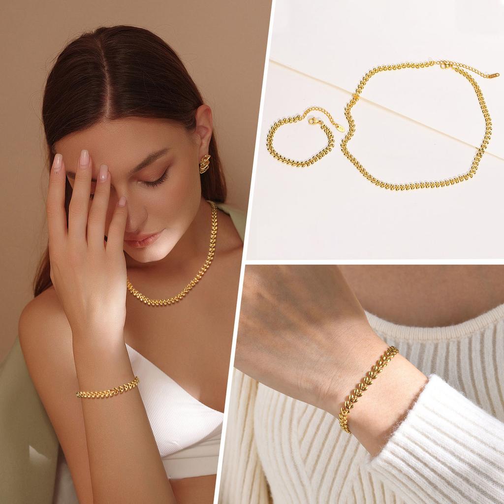 Women's Chic Chokers Necklaces, Gold Color Stainless Steel Wheat Chain Bracelet, Collar Necklace, Fashion Jewelry Gift To Girls