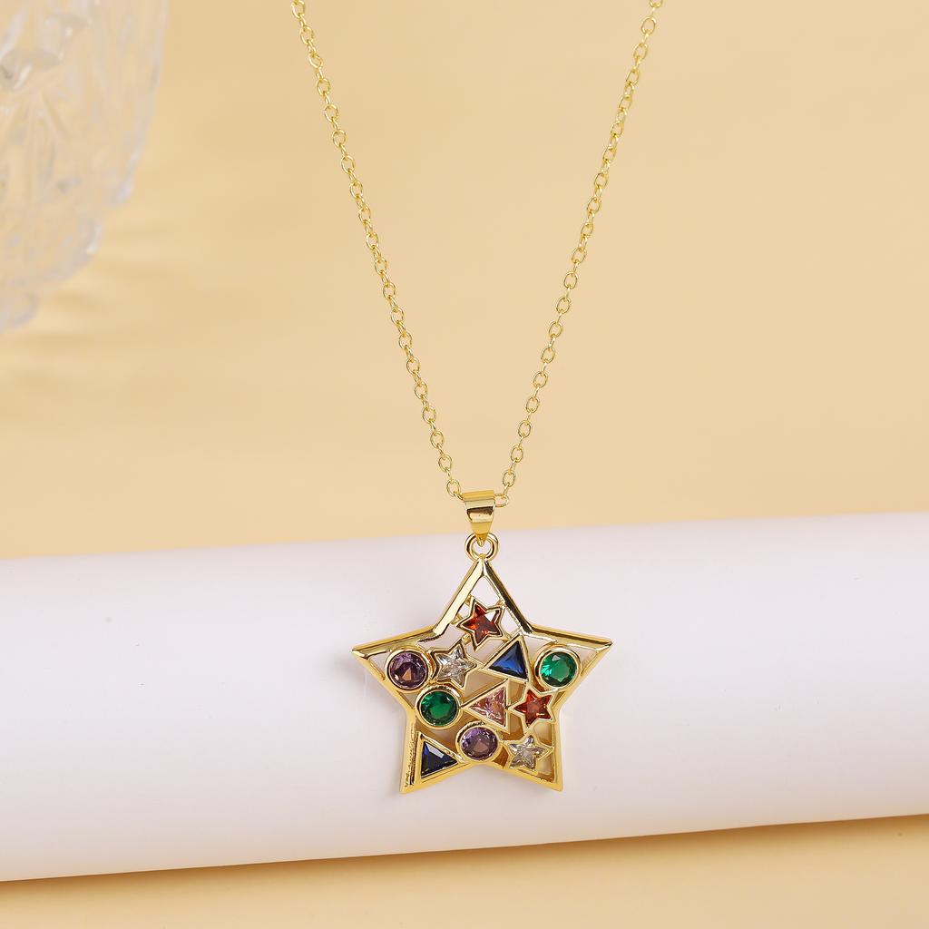 High Quality Crystal Round Pentagram Heart Shape Pendant Necklace for Woman Hip Hop Style Copper Neck Jewelry Daily Wear Gifts