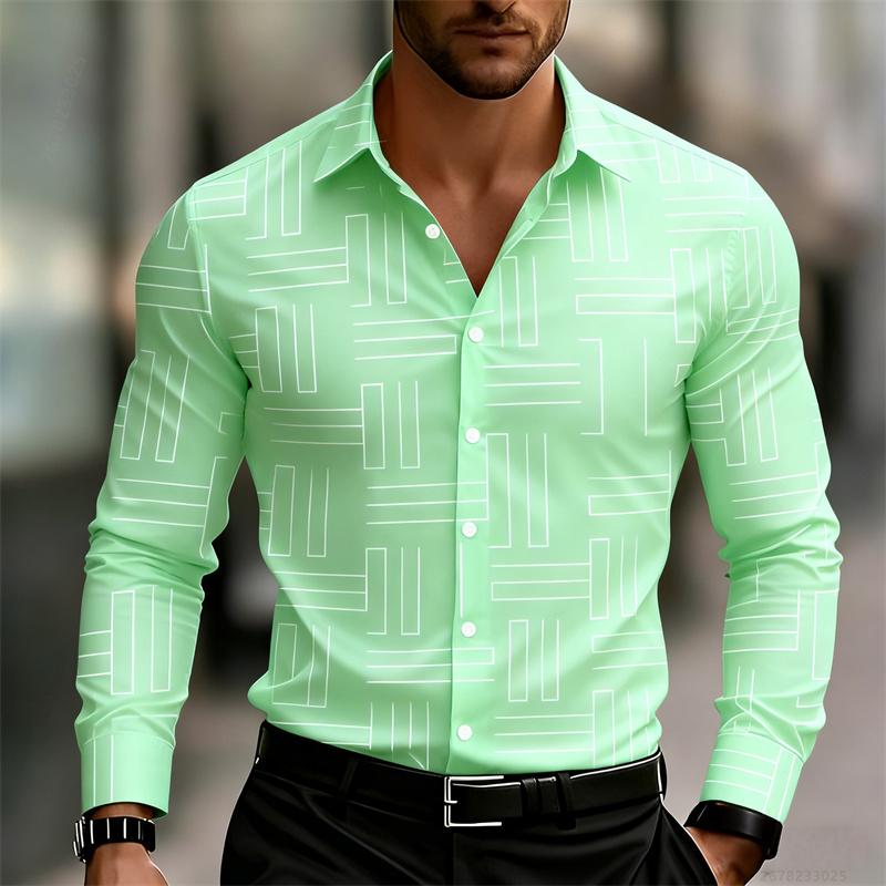 Men's Casual Long-Sleeve Slim Fit Black Geometric Pattern Breathable Versatile Formal Shirt Fashion Outdoor Men's Top