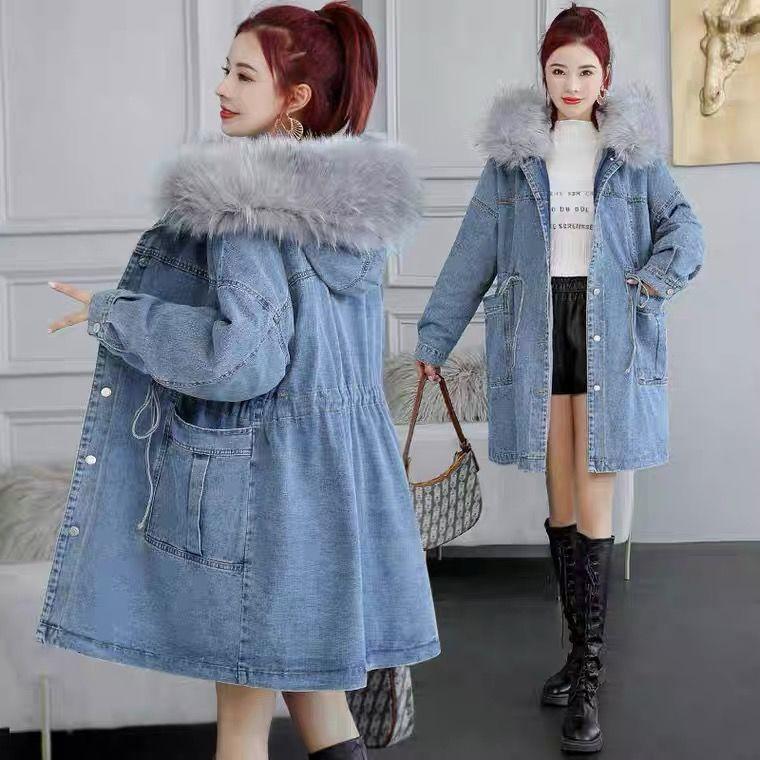 Autunno Inverno Donna Jeans Cappotto Spessa Lana Giacca di Jeans Larga Con Cappuccio Vestiti Lunghi Capispalla Femminili
