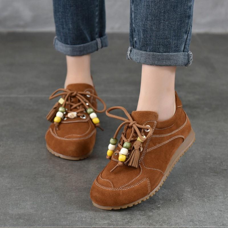 Johnature Retro Flats With Beaded Genuine Leather Lace-up Soft Soled Lightweight Women's Shoes