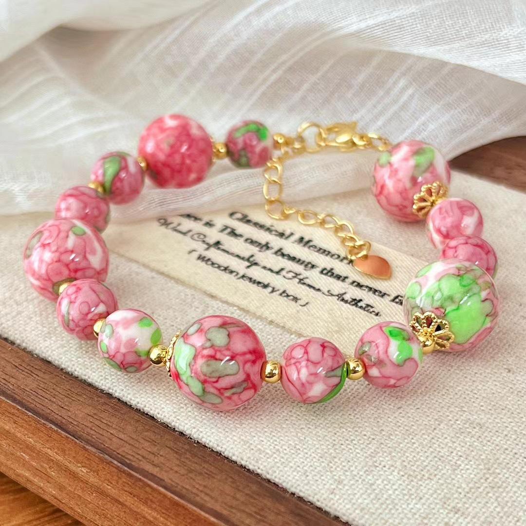 Retro Peach Pink Glazed Ceramic Bead Bracelet Atmosphere Bracelet