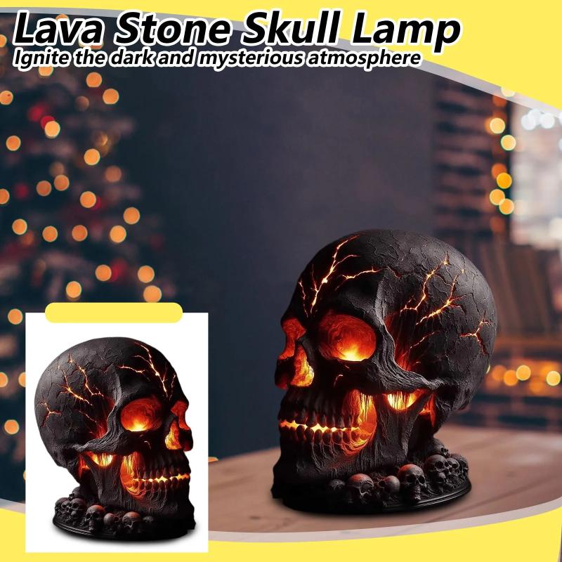 Dekorace lebky z magmatického kamene Stolní lampa lebka s strašidelným LED světlem pro halloweenskou párty Dekorace na krbovou římsu Jedinečný pokojový akcent k zapálení
