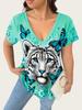 2025 Plus Size Women's V-Neck T-shirt with 3D Animal Print, Short Sleeves: European & American Style Casual Fashion