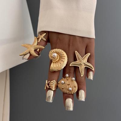 European & American Starfish Metal Rings: 6-Piece Holiday Set with Star and Scallop Designs for Women