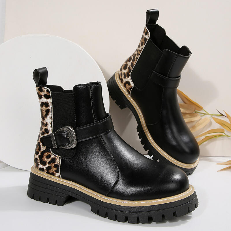 Luxury Leopard Thick Bottom Leather Ankle Boots Women  Winter Metal Buckle Designer Chelsea Boots Punk Woman's Short Booties