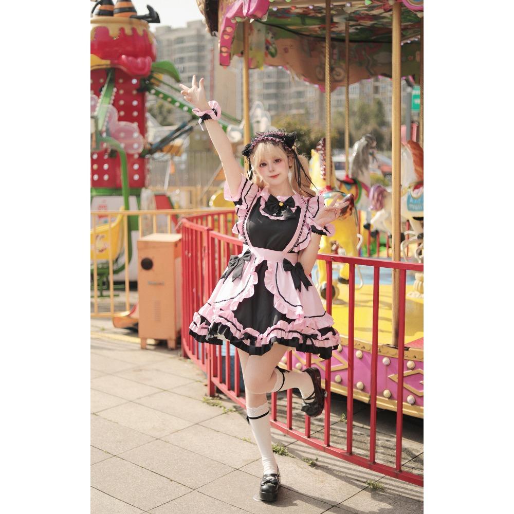 New Black Pink Maid Costume Cos Sweet Girl Cute Cat Bow Soft Girl Suit Skirt