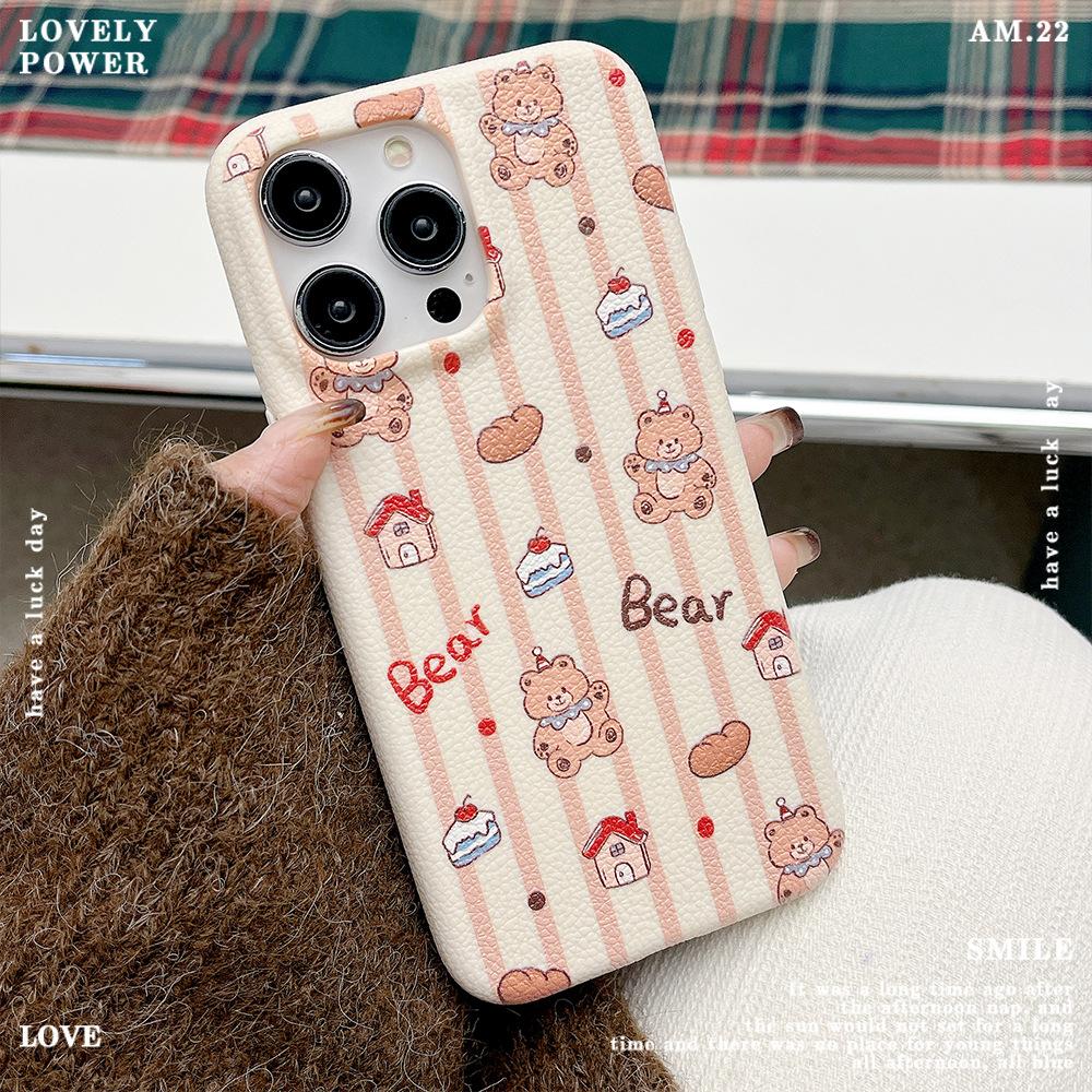 Cute Bear Soft Shell Suitable for IPhone16 Leather Pattern Mobile Phone Case Apple 15 Protective Case 14 13 Full Cover Shell