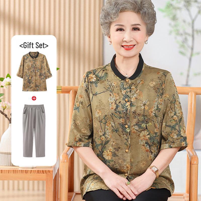 Breathable Stand-Collar Summer Shirt Set for Elderly Women 3XL