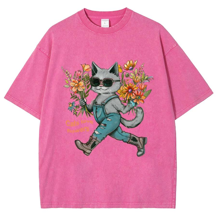 Cute Blue Cat Anthropomorphic Print Women's T-Shirt Loose Wash Oversized Short Sleeve Fashion Design Funny Style Top