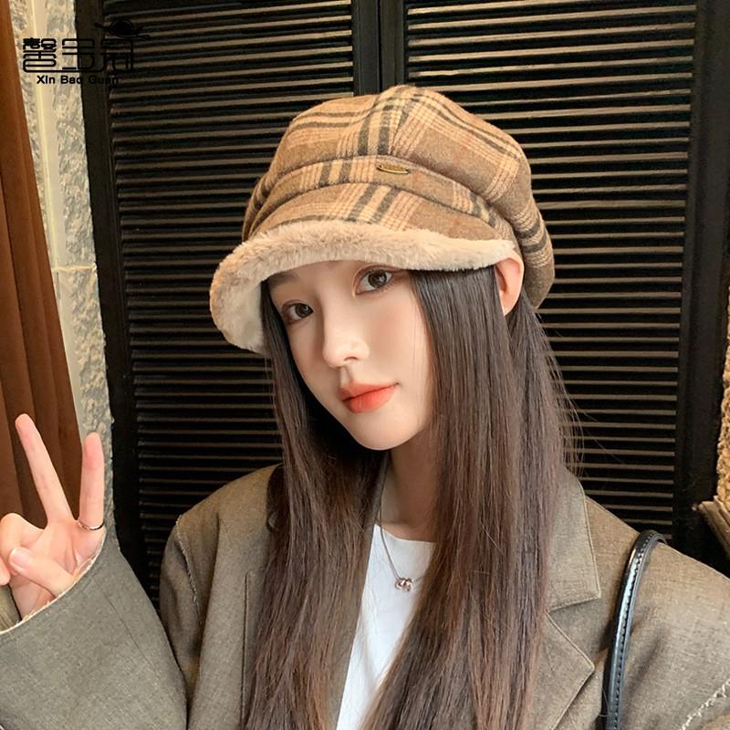 Warm Fleece Plaid Beret Hat Women Winter Retro Octagonal Cap Chic Foldable Beanie With Short Brim