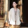 Women Vintage Shirts Bandage Tops Summer Chinese Style Solid Color Loose V-Neck Long Sleeve Blouses