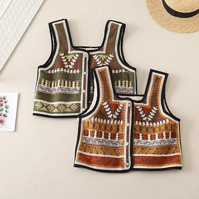 Womens Corduroy Vest With Embroidered Floral Warm Fleece Lined Short Sleeveless Outdoor Camping Waistcoat
