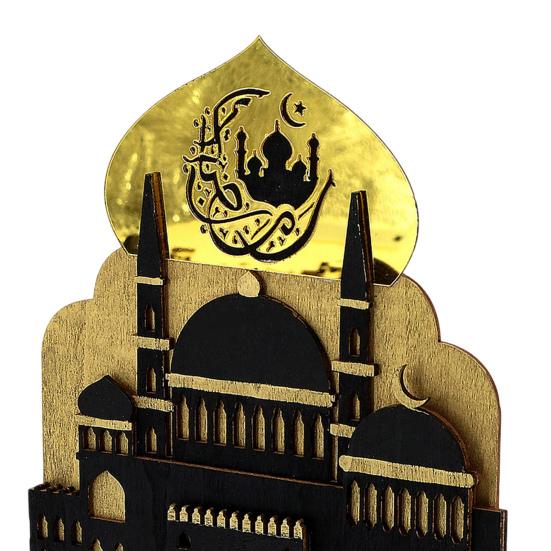 Ramadan Table Decoration Wooden Crescent Moon Star Eid Mubarak Ornament LED Light Up Ramadan Kareem Mosque Sign for Islamic Home Decor