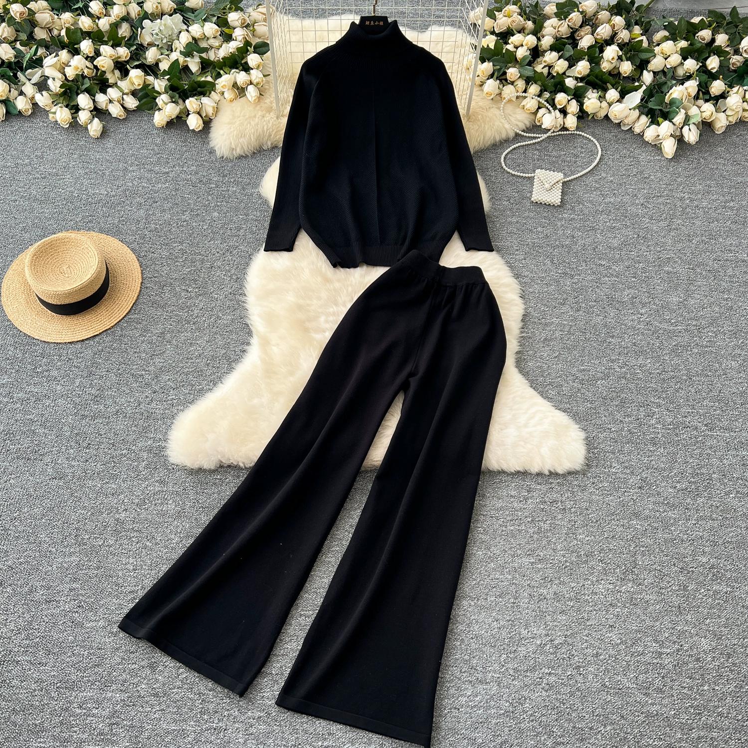 

Осень Зима Женский Повседневный Однотонный Вязаный Свитер Брюки Комплект из Двух Предметов Водолазка Пуловер Топы и Брюки с Широкими Штанинами Спортивный Костюм One Size чёрный