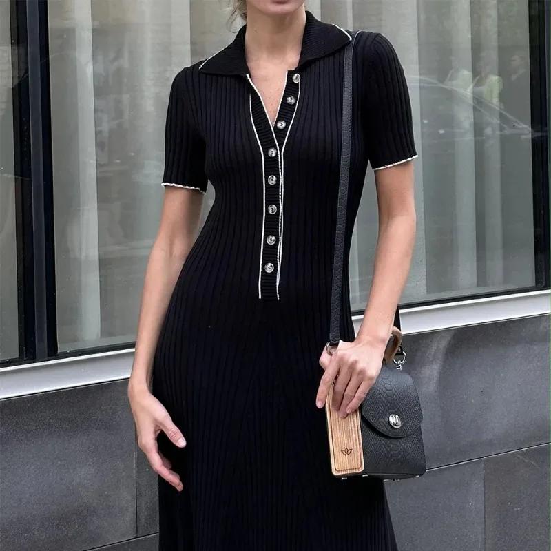 Trendix Elegantes Strickkleid für Damen Mode Kurzarm Patchwork Lange Kleider Femme High Street Vintage Gestricktes Abendkleid