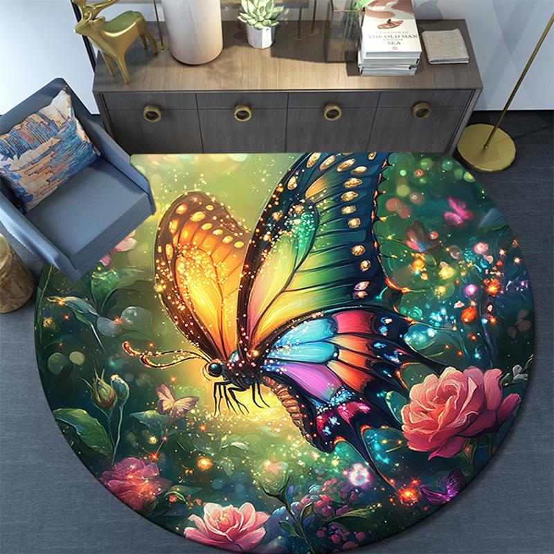 Butterfly Garden Round Area Rug,Carpet Rug for Living Room Bedroom Sofa Playroom Decor,Non-slip Floor Mat