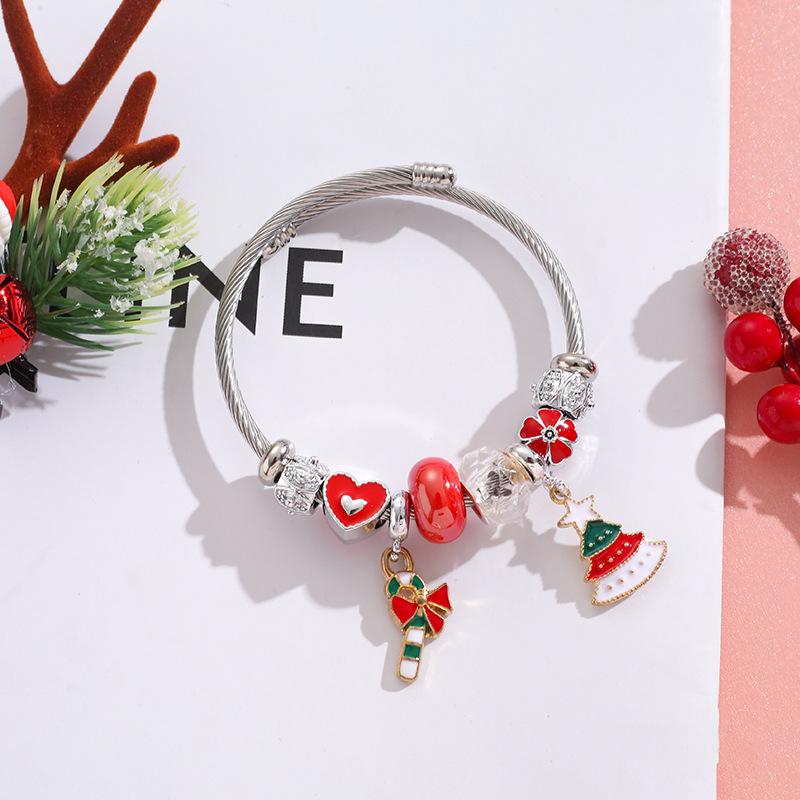 Christmas Themed Stainless Steel Bracelet For Girls With Snowflake Reindeer Crystal Beads And Tree Charm Gift