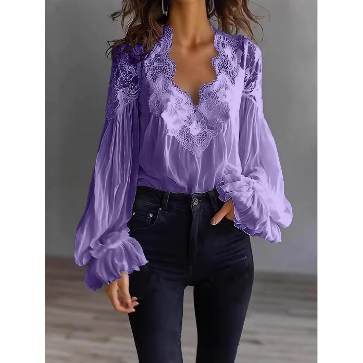 Nuova Blusa da Donna Patchwork di Pizzo con Maniche a Sbuffo e Pieghe - Primavera 2026