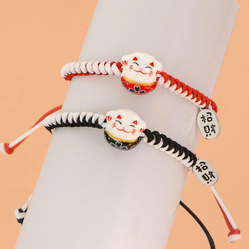 Two Color Red Braided Rope Hand Rope Women Hand Ring Cute Maneki Neko Bracelet  Women
