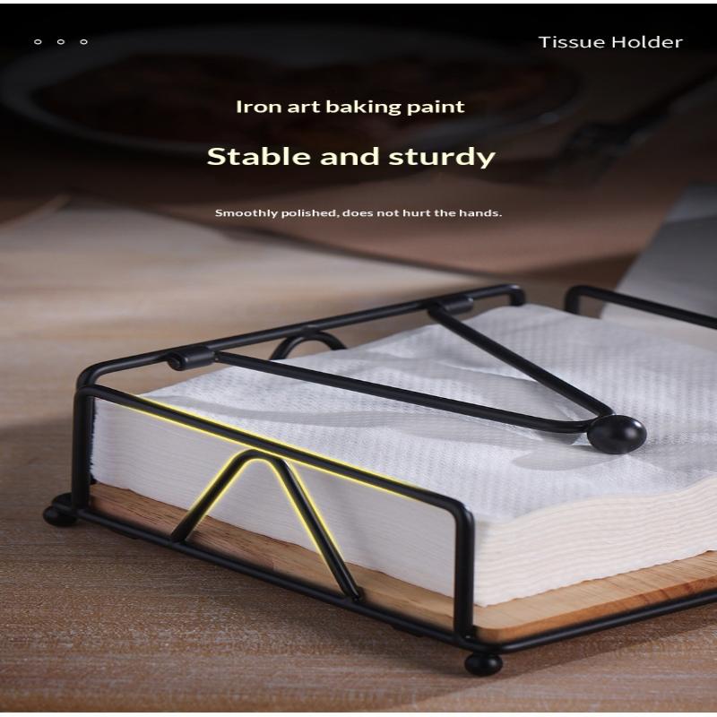 Flat Napkin Holder Metal Iron Serviette Holder Napkin Stand With Wooden Base For Home Kitchen Countertop Decor