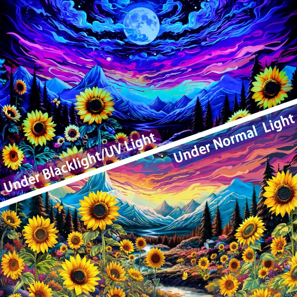Dermijer Blacklight Moon Sunflower Tapestry Starry Night Mountian UV Reactive Wall Hanging Tapestries Galaxy Space Nature Landscape Tapestry for Home