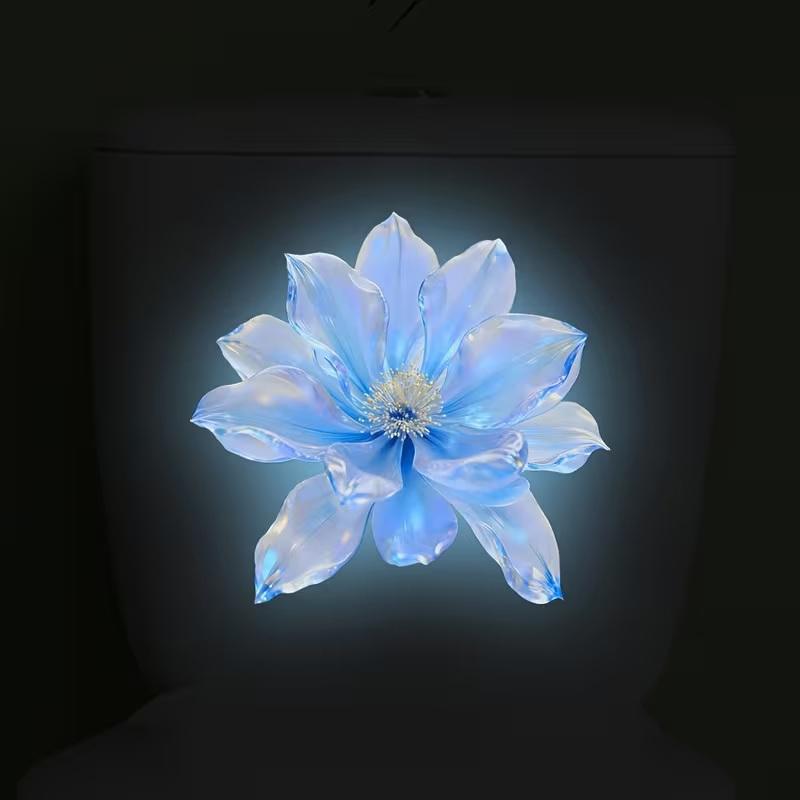 Glow-In-The-Dark Rainbow Blue Flower Toilet Sticker Shiny Crystal Floral Theme Decal Self-Adhesive Removable Bathroom Decoration