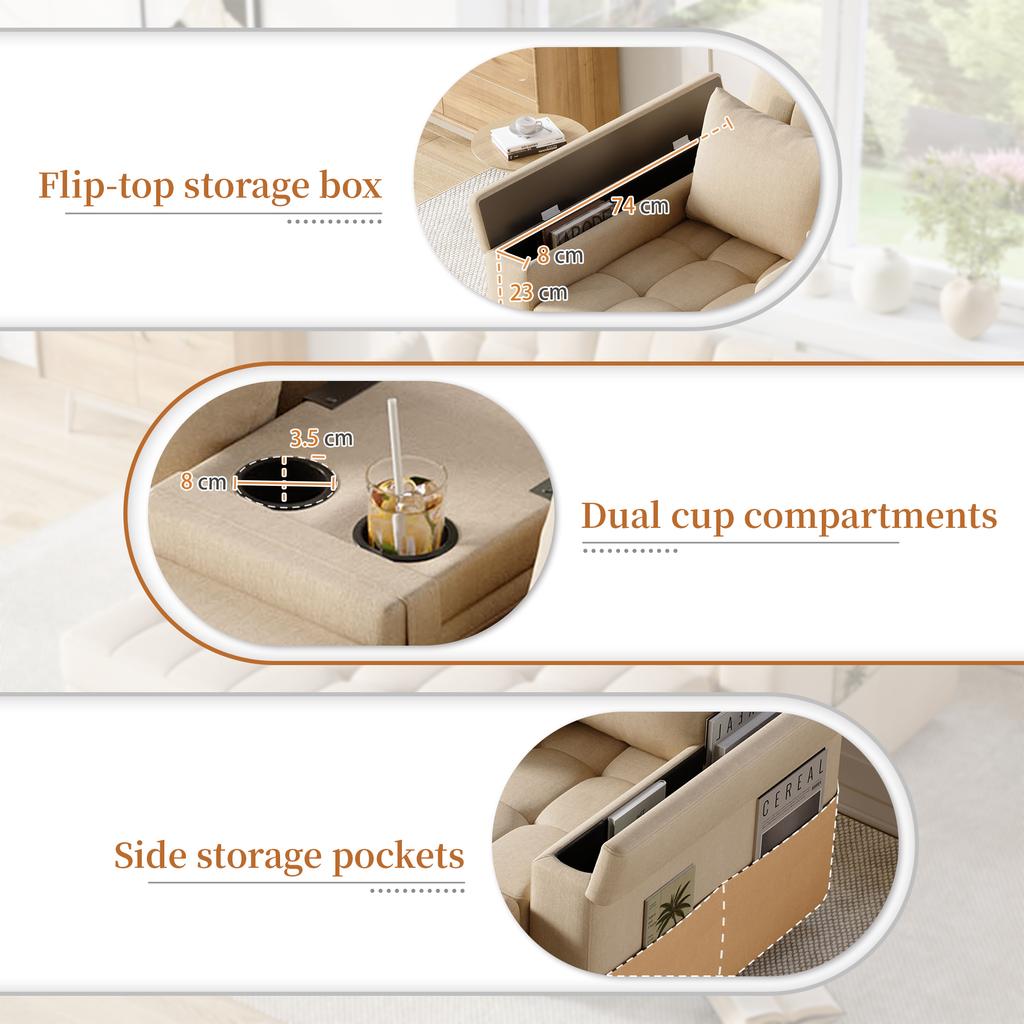 2-Seater Sofa Bed with Storage and Adjustable Backrest, with Armrest Compartments, Versatile Folding for Living Room, Bedroom or Apartment, Beige